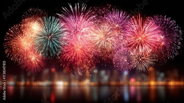 Fototapeta Fireworks display with colorful bursts spreading across a clear night sky  
