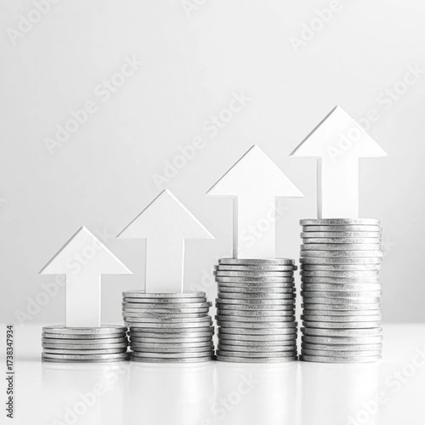 Fototapeta A minimalist display of stacked coins with upward-pointing arrows, symbolizing financial growth and investment success.