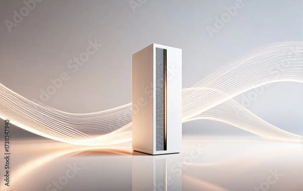 Fototapeta A sleek air conditioning unit stands against a soft background, complemented by flowing light waves, showcasing modern design and technology.