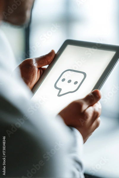Fototapeta A person holds a tablet displaying a chat icon, symbolizing communication in a modern digital environment.