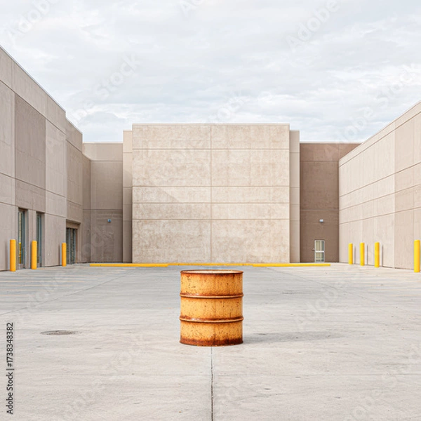 Fototapeta A solitary rusty barrel stands in a vast, empty concrete space surrounded by simple walls and muted colors under a cloudy sky.