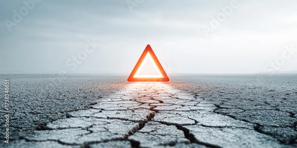 Fototapeta A bright warning triangle stands on a cracked road, signaling caution in a desolate landscape under a cloudy sky.