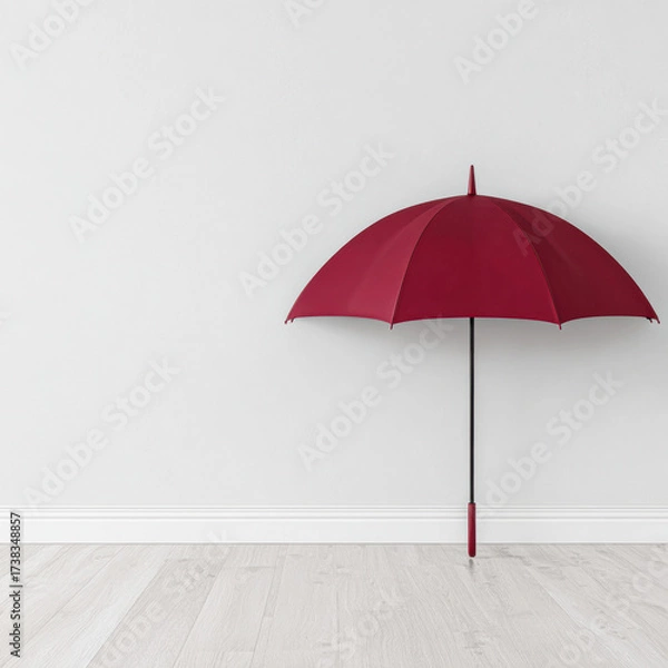 Fototapeta A simple red umbrella stands against a minimalist gray wall, showcasing a modern and clean aesthetic in an indoor setting.