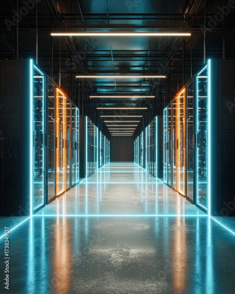 Fototapeta A futuristic data center corridor illuminated with vibrant blue and orange lights, showcasing advanced technology and sleek design.