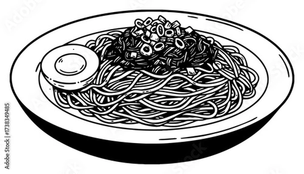 Fototapeta Noodle on Plate with Toppings and Egg Black and White Outline Line Art Drawing Delicious Asian Food Sketch