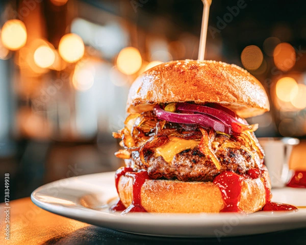 Fototapeta A delicious, juicy hamburger with melted cheese, crispy onions, and ketchup, served on a plate with a warm atmosphere in the background.