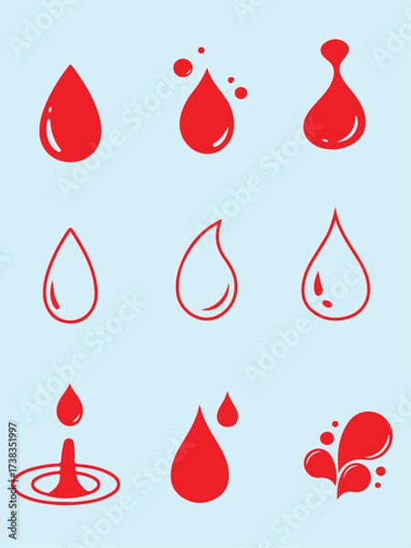 Fototapeta Collection of nine stylized red droplet icons, varying in shape, fill, and splash effects, on a light blue background.