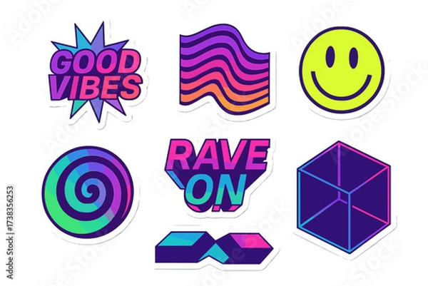 Fototapeta Set of trendy retro futuristic stickers. Y2K rave culture elements with neon colors. Good vibes quote, smiley face, geometric shapes. 90s acid house party vector design pack.