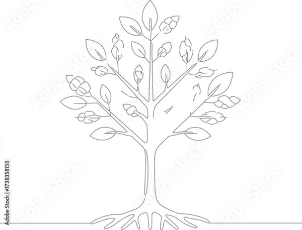 Fototapeta Minimalist Line Art Tree with Leaves Illustration Natural Growth Concept
