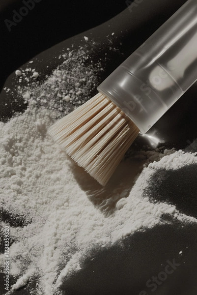 Fototapeta Soft makeup brush with white bristles and a clear handle next to white rice face powder. Minimal beauty and skincare composition.