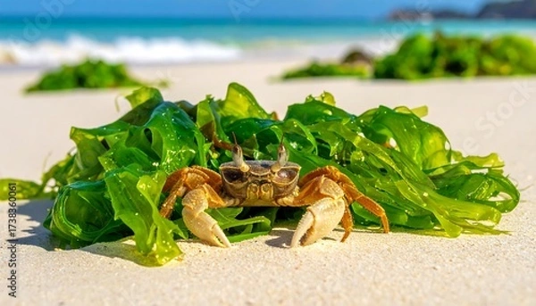 Obraz Crab on a bed of seaweed on a sandy beach.
