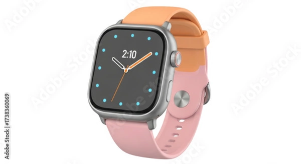 Fototapeta Isolated smartwatch with dual-color strap shows time 210 for wearable technology product shoot