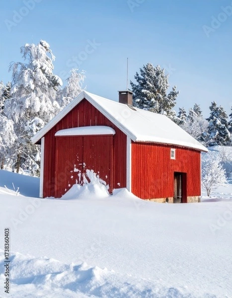 Fototapeta Barn in Snowy Swedish Landscape