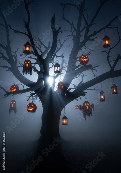 Fototapeta A spooky bare tree at night decorated with glowing jack-o’-lanterns, ghost lanterns, and eerie lights shining through the fog. The haunting atmosphere creates a cinematic Halloween scene.