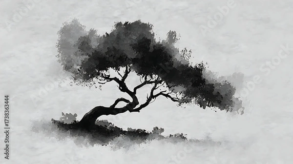 Obraz Japanese-inspired Tree illustration Serene ink wash painting on a misty landscape