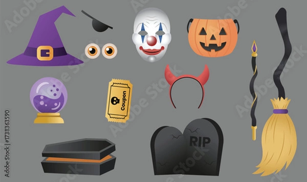 Obraz Halloween Vector Set with Witch Hat, Clown Mask, Pumpkin Bucket, Devil Horns, Coffin, Gravestone, Broom, Crystal Ball, Coupon Ticket, and Eyeballs