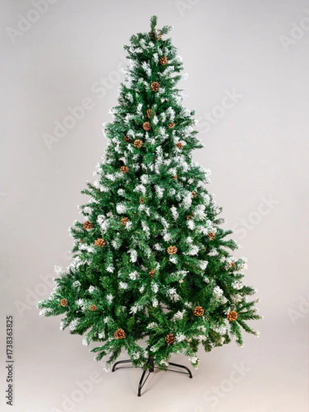 Obraz A large full-size Christmas tree with cones on a black stand against a gray background