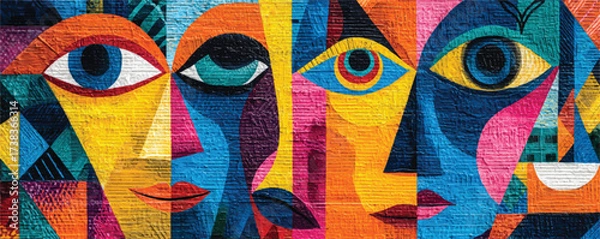 Fototapeta Colorful Abstract Cubist Portrait Faces Graphic Design Art Concept Artistic Representation Multiple Unique Individuals Depicted Painting Style