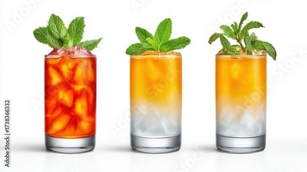 Fototapeta Refreshing iced tea variations with mint leaves on clear glasses