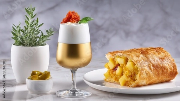 Fototapeta strudel cream dessert with herbal accents