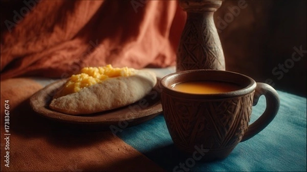 Fototapeta Traditional breakfast with bread scrambled eggs served with beverage in rustic setting