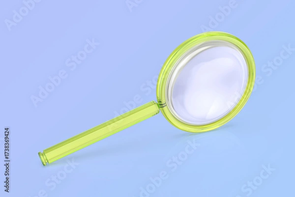 Fototapeta Magnifying glass with green plastic frame on shiny light blue background