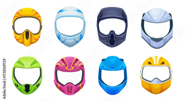 Fototapeta Vector set of photo masks in the shape of children’s racing helmets, perfect for kids’ parties, photo booth props, sport themes, game design, and creative decorations.
