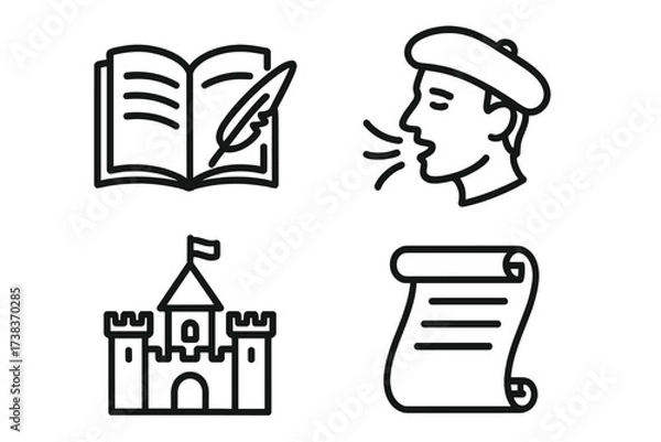 Fototapeta Storytelling and history icon set. Vector icons of a book, quill, poet, castle, and scroll for literature, education, and fairy tales. Narration and writing concept.