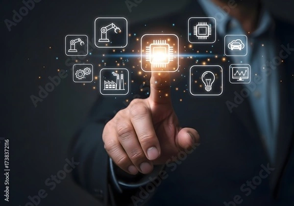 Fototapeta A person touching a digital interface with icons representing technology and industry solutions shown above