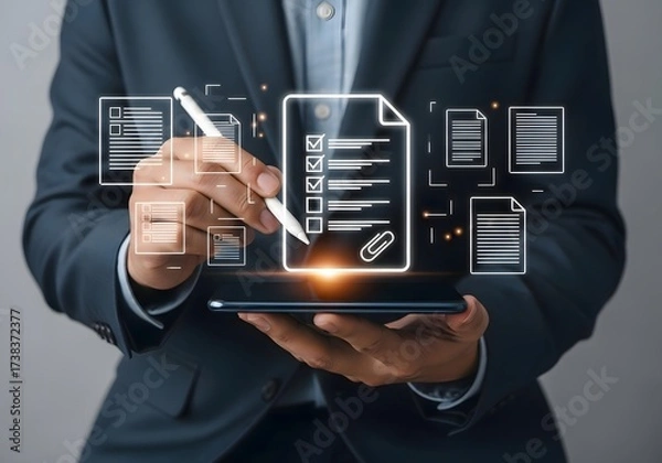 Fototapeta A person using a stylus on a tablet with digital documents and a checklist displayed above it