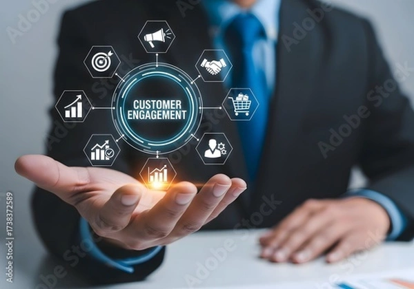Fototapeta Businessman presenting customer engagement concept with digital icons on his open palm hand view