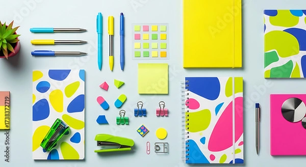 Fototapeta Overhead shot of a colorful and organized workspace featuring notebooks, pens, sticky notes, and decorative items arranged on a light blue surface, ideal for showcasing office or school supplies in a 