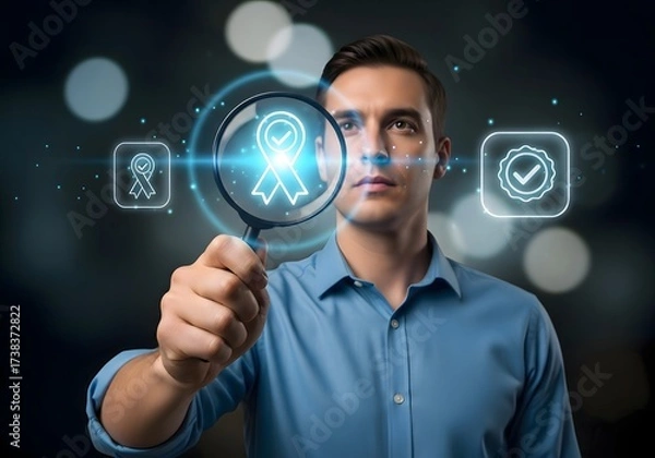 Fototapeta Man examining quality icons with a magnifying glass in a digital interface with blurred background