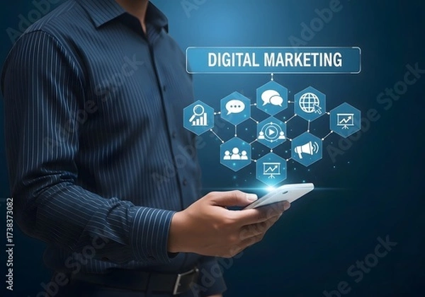 Fototapeta Man holding smartphone with digital marketing icons floating above on a blue background image