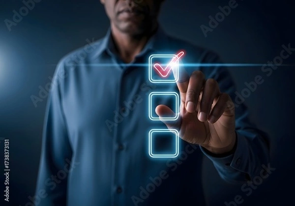 Fototapeta Man in blue shirt interacting with digital checklist with a red checkmark in the top box