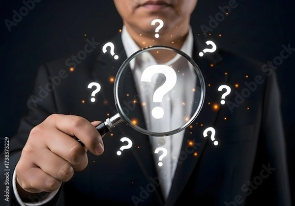 Fototapeta Man in suit holding magnifying glass with question mark symbols surrounding the glass and the man