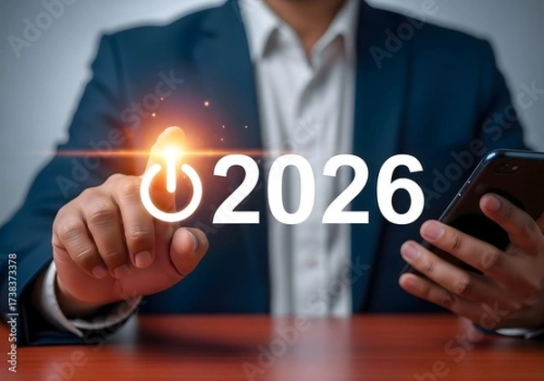 Fototapeta Man in suit pressing power button with year approaching on screen holding smartphone device