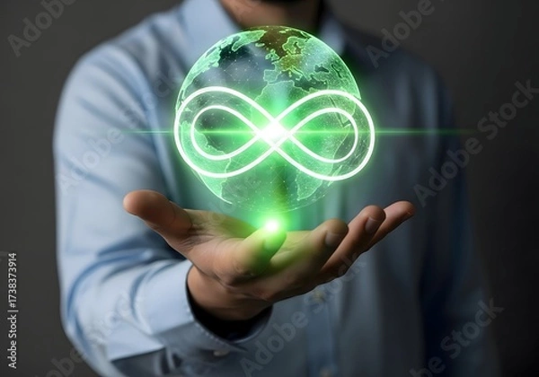 Fototapeta Man presenting a glowing green globe with an infinity symbol floating above his outstretched hand