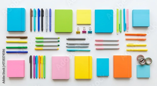 Obraz Overhead shot of colorful stationery arranged neatly on a white background, including notebooks, pens, pencils, sticky notes, and paper clips, creating an organized and visually appealing workspace is
