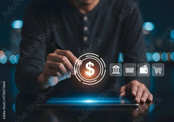 Fototapeta Man using tablet with dollar sign and bank card wallet and shopping cart icons floating above it