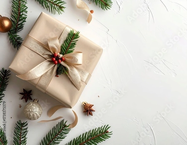 Fototapeta Christmas gift box top view on white background with copy space
