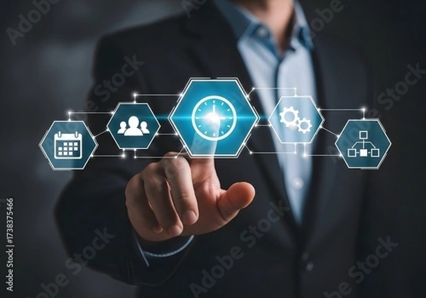Fototapeta Person touching digital icons representing time management and business process automation tools