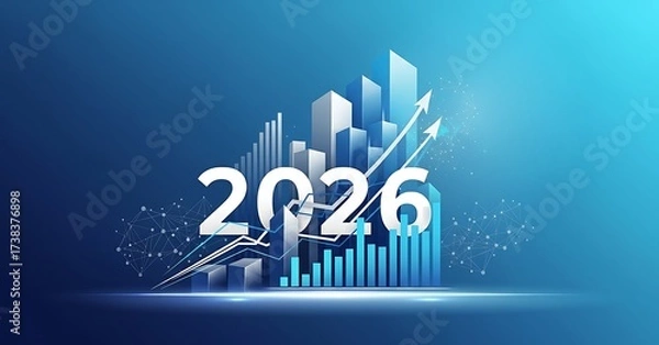 Obraz Futuristic cityscape 2026 with growing business charts and blue gradient background