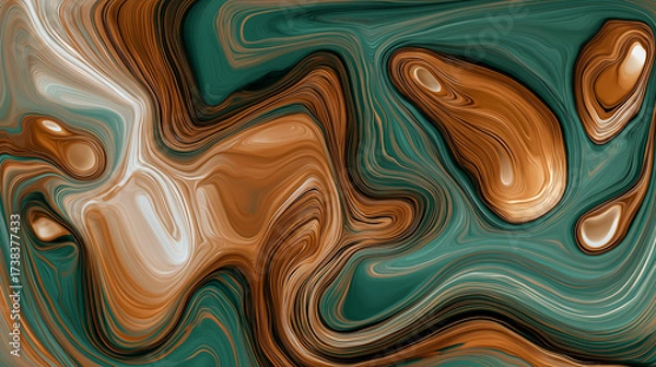 Fototapeta Vibrant abstract fluid art illustration with turquoise and gold colors, displaying dynamic swirling patterns and textures, perfect for contemporary design applications