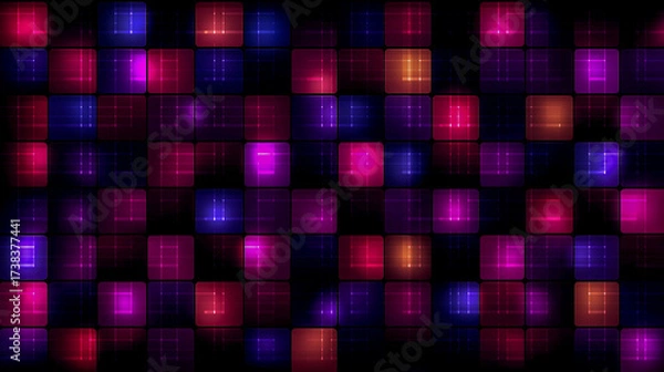 Fototapeta Vibrant neon grid background featuring blue and pink hues, creating a retro futuristic ambiance, perfect for digital design projects with ample copy space