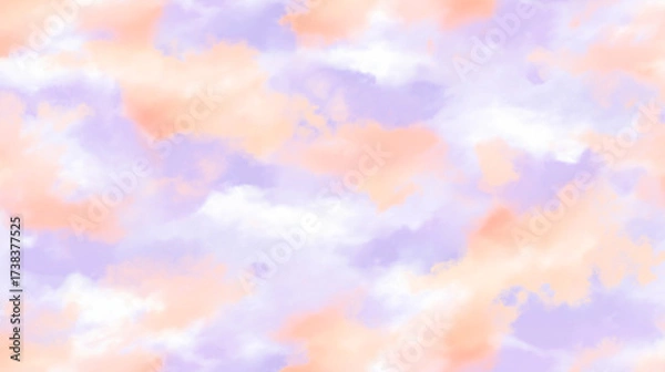 Fototapeta Watercolor illustration featuring fluffy clouds in vibrant pink, purple, and orange shades, creating a dreamy sky ambiance with soft textures and gradients