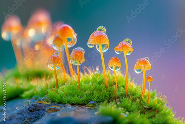 Fototapeta Bright orange mushrooms thrive on soft green moss, adorned with glistening water droplets, showcasing the beauty of nature in a tranquil forest setting