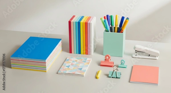 Fototapeta An organized arrangement of colorful stationery items on a neutral surface, featuring paper stacks, pens, clips, and a stapler, perfect for illustrating office supplies or creative projects