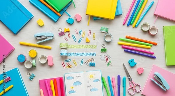 Fototapeta Overhead shot of a colorful array of stationery items scattered on a white wooden surface, including notebooks, pens, clips, and washi tape, creating a vibrant and creative workspace scene