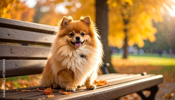 Obraz A fluffy, smiling Pomeranian sits on a wooden bench in a park, bathed in warm sunlight with autumnal foliage